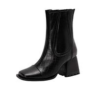 Women's Leather Square Heel Ankle Boots, Mid-Millet Winter Boots, 2025 New Chic And Elegant Boot, Big Calf Boots, Color Assembler Boot Zip Up Calves Thin Ankle Boots, Black, 6 UK