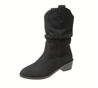 Women's Leather Square Heel Ankle Boots, Pointed Toe, Autumn, Winter, Warm, Pleated Boot, Mid Calf, Boot, Solid Colour, Casual, Wide Calf, Large Size Boot, Black, 9 UK