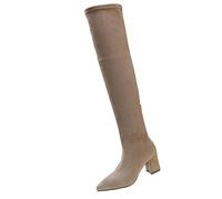 Women's Leather Square Heel High Thigh High Ankle Boots Large Size Ankle Boots Pointed Suede Boot Stretch Boot Calves Thin Shoe Solid Color Casual Big Calf Bootie 35-42, khaki, 9 UK