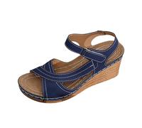 Women's Leather Summer Comfortable Wedge Sandals Open Toe Cross Strap Ankle Strap Wedge Textured Upper Summer Shoes for Casual Outdoor Daily Walking, 01 Navy Blue, 9 UK
