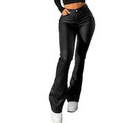 Women's Leather Trousers High Waist Wide Leg Leggings Button Shiny Black Butt Push Up Flare Pants with Pockets Stylish Streetwear Y2k Palazzo Trousers for Women