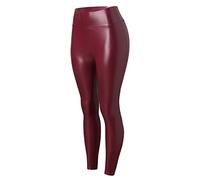 Women's Leather Trousers Reflective Leggings in Shiny Patent Leather Elastic Thermal Leggings Chic Elegant High Waist Leisure Trousers Outdoors, Red, XXL