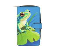 Women's Leather Wallet Long Wallet for Men Floating in The Wristlet Wallets with 12 Card Holder Large Capacity Coin Pocket, Frog on Leaf, 19.7x11x3.5cm