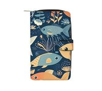 Women's Leather Wallet Long Wallet for Men Two Dolphins in The Water Wristlet Wallets with 12 Card Holder Large Capacity Coin Pocket, Cartoon Fish and Coral, 19.7x11x3.5cm