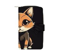 Women's Leather Wallet Long Wallet for Men Two Ghost Statues Wristlet Wallets with 12 Card Holder Large Capacity Coin Pocket, Well Behaved Cat, 19.7x11x3.5cm
