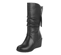 Womens Leather Wedge Boots - Mid Calf & Knee High Length Boots, Autumn Winter Round Toe Square Wedge Footwear, Comfortable Leather Booties