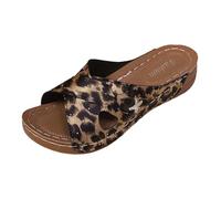 Women's Leather Wedge Sandals Large Size Open Toe Side Cut Out Cross Upper with Animal Print Visible Open Back Lightweight Thick Sole Beach City Spring Summer, 01 Black, 4 UK