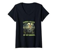 Women's Leave A Slice At My Grave Hungry Skeleton Pizza Lover V-Neck T-Shirt