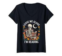 Womens Leave Me Alone I'm Reading Skeleton Humor V-Neck T-Shirt