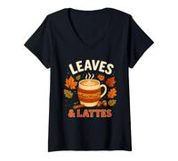 Women's Leaves and Lattes Fall Coffee Lover Autumn Leaves V-Neck T-Shirt