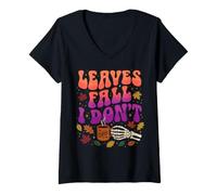 Women's Leaves Fall I Dont Groovy Skeleton Coffee Lover V-Neck T-Shirt
