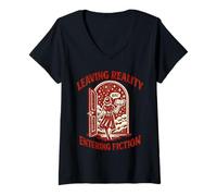 Women's Leaving Reality Entering Fiction Retro Book Reader Design V-Neck T-Shirt