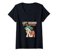 Womens Left Behind in The Rapture Retro Comic Cry Baby FOMO V-Neck T-Shirt