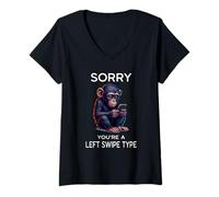 Womens Left Swipe Type Funny Online Dating App Cute Chimpanzee V-Neck T-Shirt