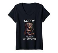 Womens Left Swipe Type Funny Online Dating App Cute Puppy Dog V-Neck T-Shirt