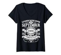 Womens Legend Were Born in September 1991 Vintage 34th Birthday Men V-Neck T-Shirt