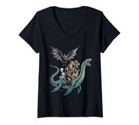 Women's Legendary Creatures Riding Loch Ness Monster Together V-Neck T-Shirt