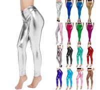 Women's Leggings Silver Metallic Shiny Trousers 80s with High Waist Shiny Leggings Party Skirt Dance Disco Costume Carnival Space Metallic Glitter Trousers Golden Leggings