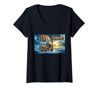 Women's Leif Eriksson Sails Beyond the Horizon Viking Hero Vinland V-Neck T-Shirt