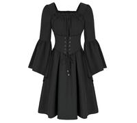 Womens Leisure Dressed Loose Ruched Beach Smock Darkness Dress Women Medieval Bell Long Sleeve Dress Square Neck Corset Dress with Pockets Ladies Summer Dresses (Black, M)