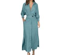 Womens Leisure Midi Dresses Ruched Workout Beach Women's Regular Lace Up Solid Color Waist Long Sleeve Irregular Shirt Dress Summer Maxi Dresses for Women UK (Blue, L)