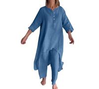 Women's Leisure Suit Large Sizes Plain Linen Suit Made of Cotton Crew Neck Blouse and Wide Leg Trousers Set Loose Lightweight Leisure Suit with High Low Hem Long Beach Outfit Set, lightblue, L