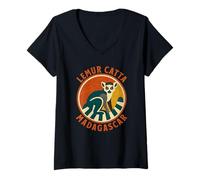 Women's Lemur Catta Madagascar Retro Wildlife Art V-Neck T-Shirt