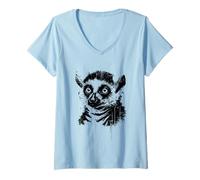 Womens Lemur Ink Art Jungle Madagascar Wildlife Portrait Grunge V-Neck T-Shirt
