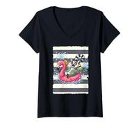 Women's Lemur on a Floating Flamingo V-Neck T-Shirt