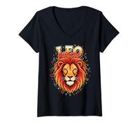 Womens Leo Zodiac Lion Head Graffiti Fiery Pride Cosmic Retro V-Neck T-Shirt