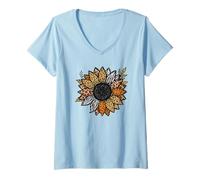 Women's Leopard Animal Print Sunflower Flower Safari Boho Aesthetic V-Neck T-Shirt