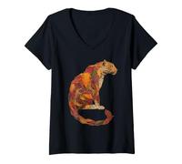 Women's Leopard Autumn Leaves Artistic Animal Art Fall Aesthetic V-Neck T-Shirt