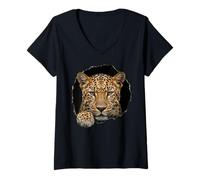 Women's Leopard Breaking Through Torn Hole Wild Cat Graphic V-Neck T-Shirt