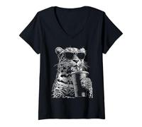 Women's Leopard Drinking Iced Coffee Funny Animal Meme y2k Grunge V-Neck T-Shirt