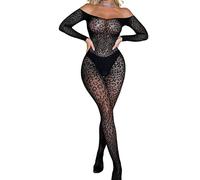 Women's Leopard Lace Off Shoulder Lingerie Sexy Sheer Mesh One Piece Chemise Style Bodysuit Stretch See Through Mesh Sleepwear for Women (Black)