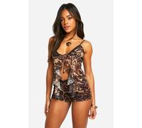 Womens Leopard Mesh Trim Cami Top - Multi - 14, Multi