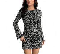 Women's Leopard Mini Dress Crewneck Mesh Bell Long Sleeve Bodycon Skinny
