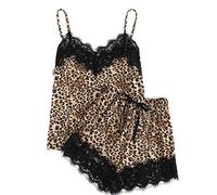 Womens Leopard Pajamas Set Long Sleeve Nightwear Ladies Robes Underwear Sleepwear Sexy Satin Silk Cardigan Nightdress Bathrobe Pants Shorts Lingerie Girls 2Pcs Dressing Gown Present Gift