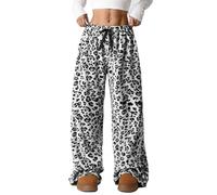 Womens Leopard Pants Fuzzy Pajama Pants, High Waisted Fluffy PantsCasual Leopard Print Wide-Leg Pants (White,S)