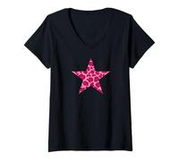 Women's Leopard Pattern Star Pink Magenta V-Neck T-Shirt