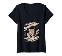 Women's Leopard Peeking Through Jungle Abstract Stripes V-Neck T-Shirt