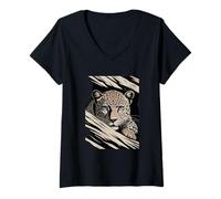 Women's Leopard Peeking Through Jungle Abstract Stripes V-Neck T-Shirt