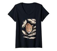 Women's Leopard Peeking Through Jungle Abstract Stripes V-Neck T-Shirt