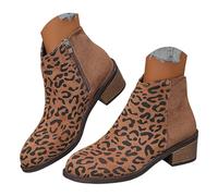 Women's Leopard Print Ankle Boots Side Zipper Low Block Heel Faux Suede | Contrast Leopard Pattern, Wooden Block Heel, Soft Breathable Faux Suede Upper, Casual Dressy for Work and Daily Outings