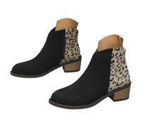 Women's Leopard Print Ankle Boots Side Zipper Low Block Heel Faux Suede | Contrast Leopard Pattern, Wooden Block Heel, Soft Breathable Faux Suede Upper, Casual Dressy for Work and Daily Outings