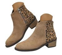 Women's Leopard Print Ankle Boots Side Zipper Low Block Heel Faux Suede | Contrast Leopard Pattern, Wooden Block Heel, Soft Breathable Faux Suede Upper, Casual Dressy for Work and Daily Outings