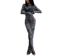 Women's Leopard Print Bodycon Dress, See Through Mesh Long Sleeve Cheetah Ruched Dress, Crew Neck Casual Long Skinny Basic Pencil Dresses, Stretch Sheer Party Cocktail Beach Cover Up Dresses Black