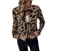 Womens Leopard Print Cardigan Sweater Open Front Knit Bow Tie Sweaters Long Sleeve Y2k Cropped Cheetah Cardigan (Brown,L)