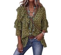 Womens Leopard Print Chiffon Blouse V Neck Ruffle Bell Sleeve Tunic UK | Womens Leopard Print Chiffon Blouse with V Neck Ruffle Trim and Tiered 3/4 Bell Sleeves Tunic