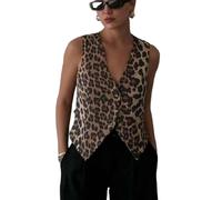 Women's Leopard Print Crop Vest Sleeveless Slim Fit Printed Waistcoat Button up Casual Gilet Jacket